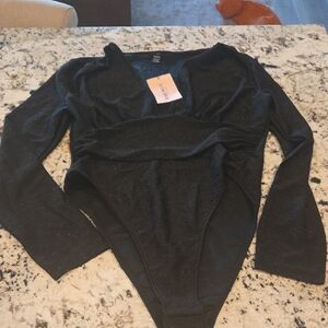 SHEIN Black Sparkle Long-Sleeve One-Piece Bodysuit